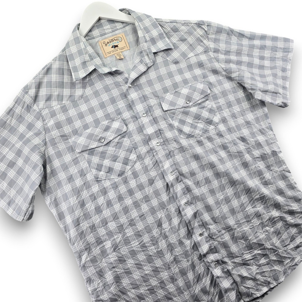 Western Aloha Mens XXL Grey Plaid Rayon Short Sleeve Snap Western Shirt